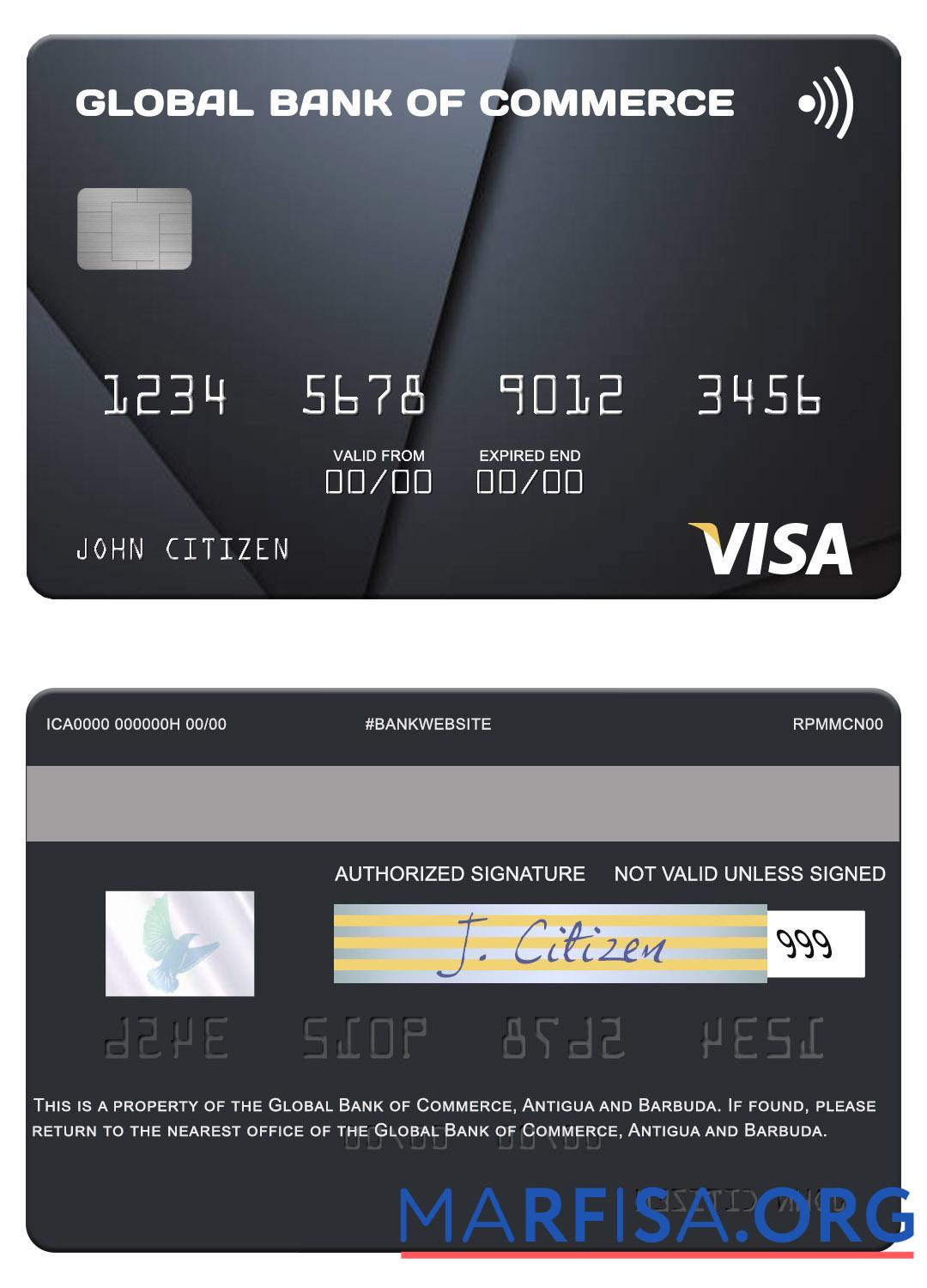 Realistic Antigua and Barbuda Global Bank of Commerce visa card real example